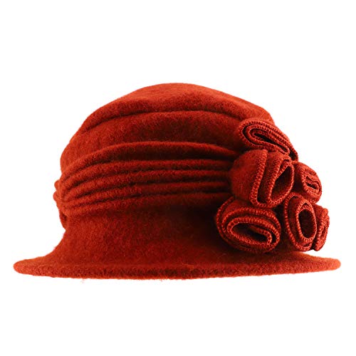 Trendy Apparel Shop Women's Boiled Wool Flowers Accent Ribbed Bucket Cloche Hat