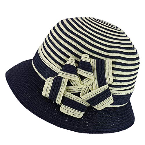 Trendy Apparel Shop Women's Flower Accent Striped Crown Paper Braid Bucket Hat