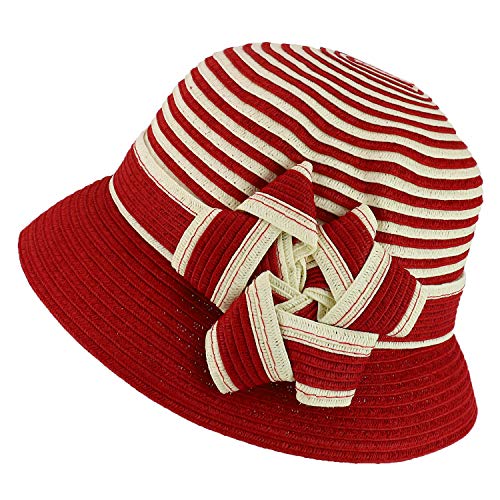 Trendy Apparel Shop Women's Flower Accent Striped Crown Paper Braid Bucket Hat