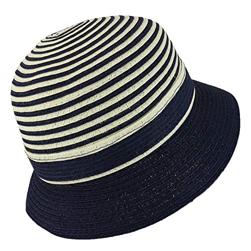 Trendy Apparel Shop Women's Flower Accent Striped Crown Paper Braid Bucket Hat