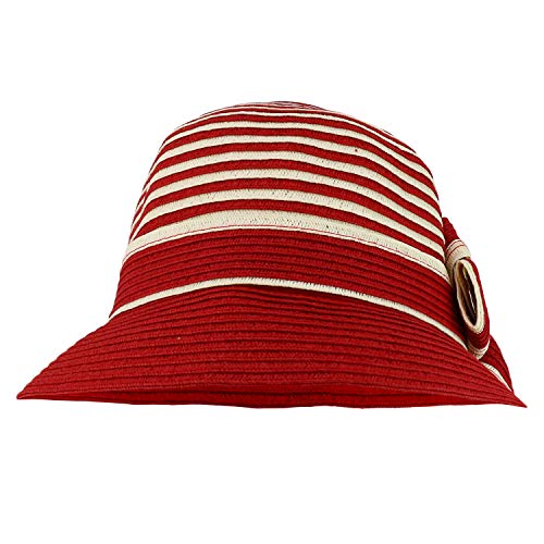 Trendy Apparel Shop Women's Flower Accent Striped Crown Paper Braid Bucket Hat