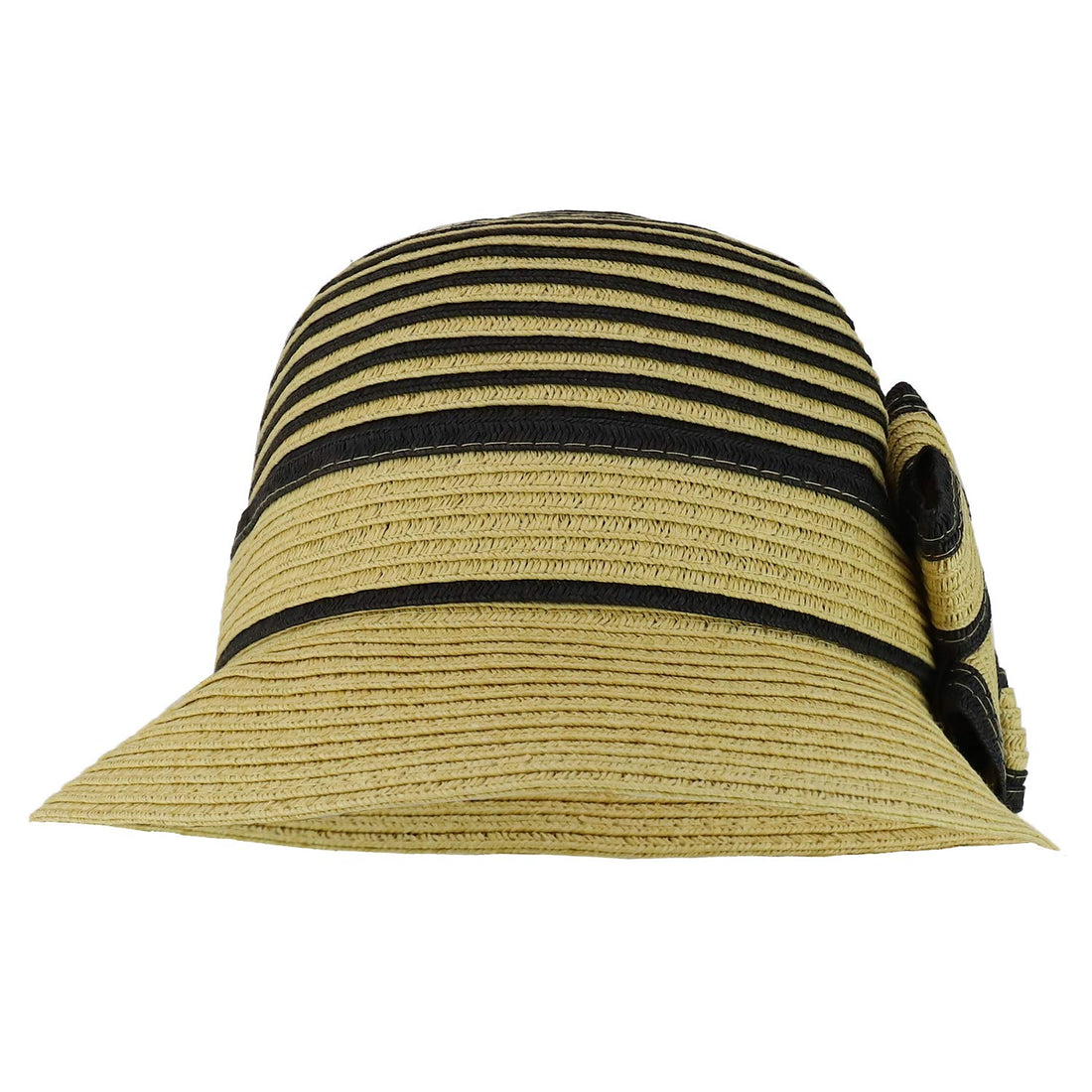 Trendy Apparel Shop Women's Flower Accent Striped Crown Paper Braid Bucket Hat