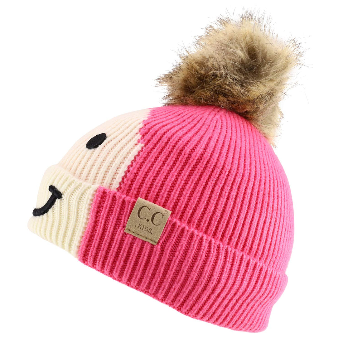 Trendy Apparel Shop Youth Size Kid's Smile Embroidered Faux Fur Pom Beanie