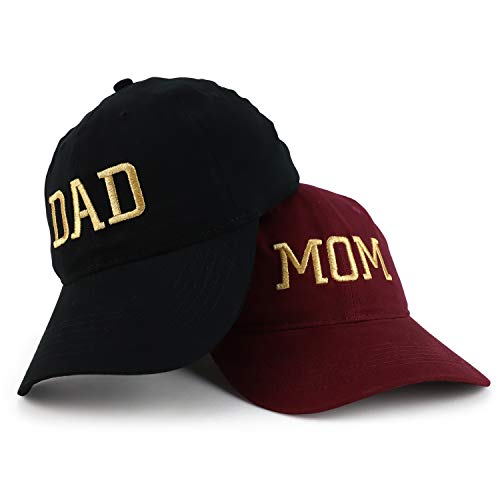 Trendy Apparel Shop Capital Gold Thread Mom and Dad Soft Cotton 2 Pc Cap Set