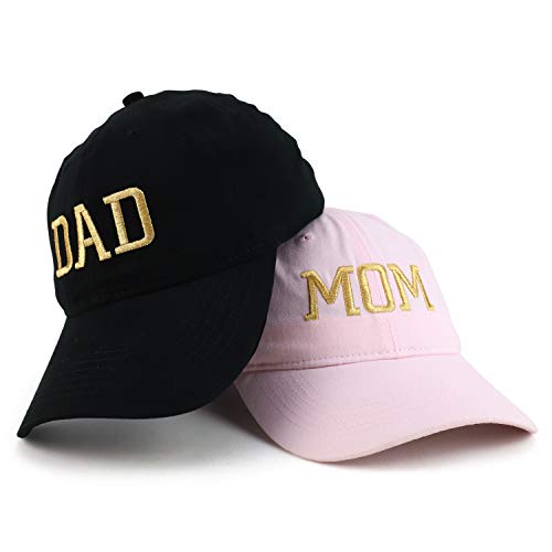 Trendy Apparel Shop Capital Gold Thread Mom and Dad Soft Cotton 2 Pc Cap Set