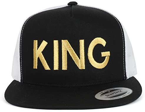 Trendy Apparel Shop King Gold Embroidered 5 Panel Flat Bill 2-Tone Mesh Cap