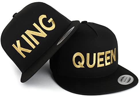 Trendy Apparel Shop King and Queen Gold Embroidered 5 Panel Flat Bill Mesh Cap