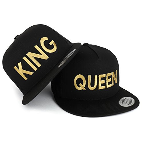 Trendy Apparel Shop King and Queen Gold Embroidered 5 Panel Flat Bill Mesh Cap