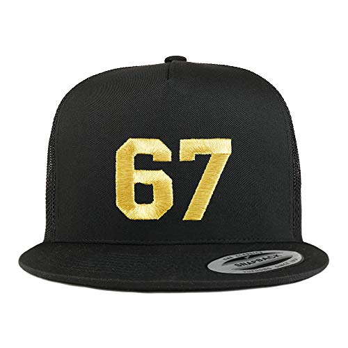 Trendy Apparel Shop Number 67 Gold Thread Embroidered Flat Bill 5 Panel Trucker Cap