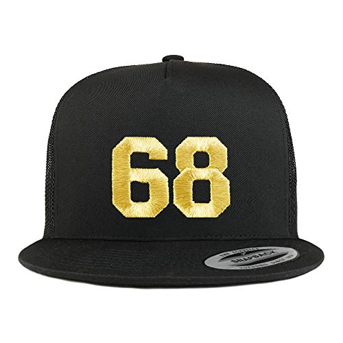 Trendy Apparel Shop Number 68 Gold Thread Embroidered Flat Bill 5 Panel Trucker Cap