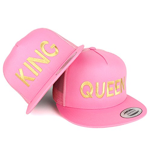 Trendy Apparel Shop King and Queen Gold Embroidered 5 Panel Flat Bill Mesh Cap