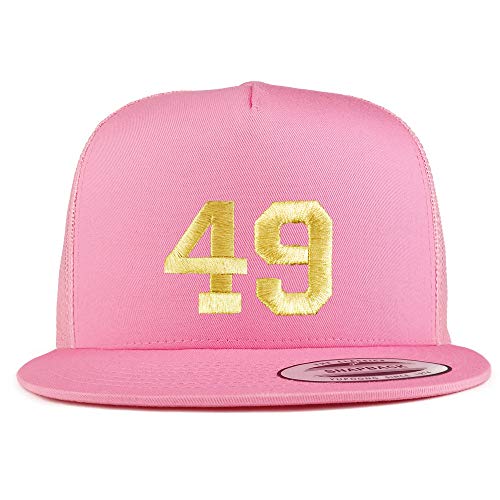 Trendy Apparel Shop Number 49 Gold Thread Embroidered Flat Bill 5 Panel Trucker Cap