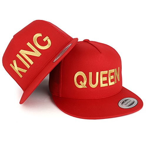 Trendy Apparel Shop King and Queen Gold Embroidered 5 Panel Flat Bill Mesh Cap