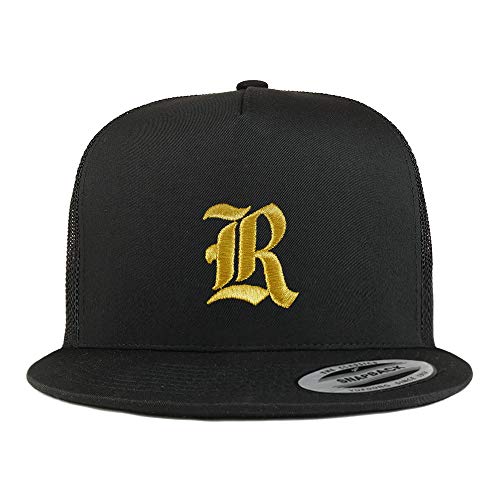 Trendy Apparel Shop Old English Gold R Embroidered 5 Panel Flatbill Trucker Mesh Cap