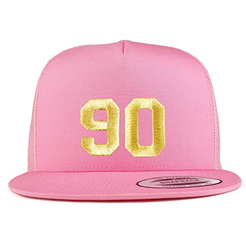 Trendy Apparel Shop Number 90 Gold Thread Embroidered Flat Bill 5 Panel Trucker Cap