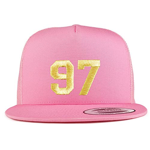 Trendy Apparel Shop Number 97 Gold Thread Embroidered Flat Bill 5 Panel Trucker Cap