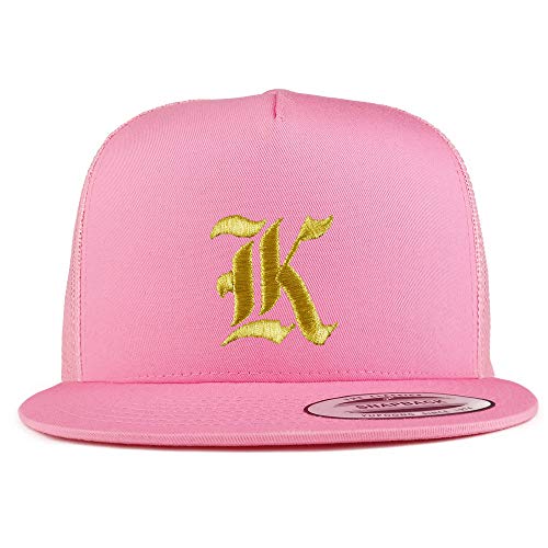 Trendy Apparel Shop Old English Gold K Embroidered 5 Panel Flatbill Trucker Mesh Cap