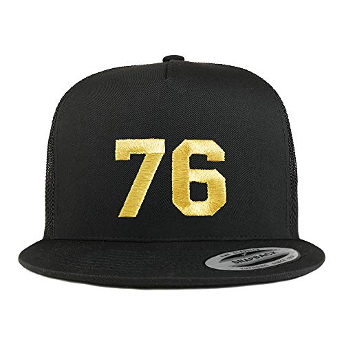 Trendy Apparel Shop Number 76 Gold Thread Embroidered Flat Bill 5 Panel Trucker Cap