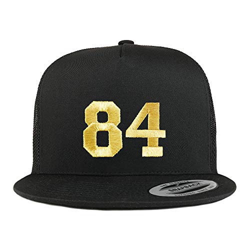 Trendy Apparel Shop Number 84 Gold Thread Embroidered Flat Bill 5 Panel Trucker Cap