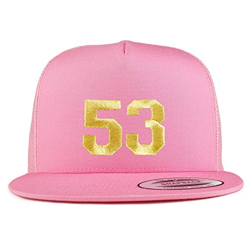 Trendy Apparel Shop Number 53 Gold Thread Embroidered Flat Bill 5 Panel Trucker Cap