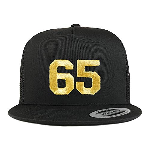 Trendy Apparel Shop Number 65 Gold Thread Embroidered Flat Bill 5 Panel Trucker Cap