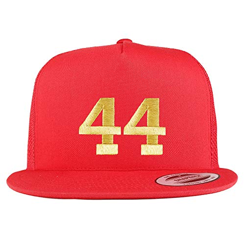 Trendy Apparel Shop Number 44 Gold Thread Embroidered Flat Bill 5 Panel Trucker Cap