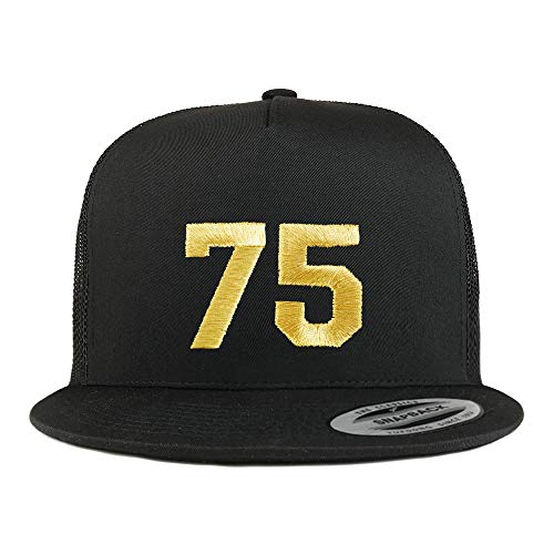 Trendy Apparel Shop Number 75 Gold Thread Embroidered Flat Bill 5 Panel Trucker Cap