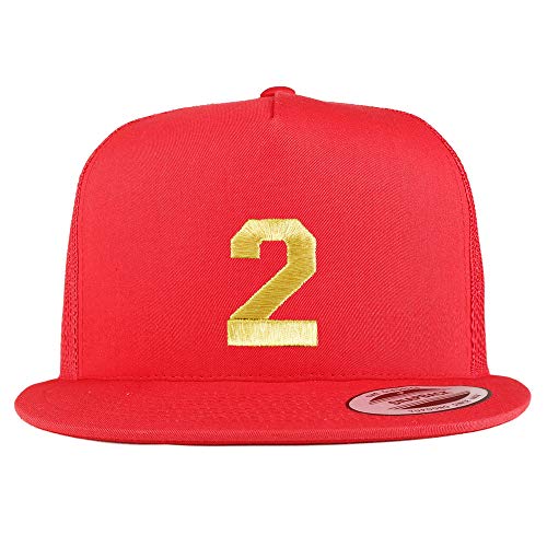 Trendy Apparel Shop Number 2 Gold Thread Embroidered Flat Bill 5 Panel Trucker Cap