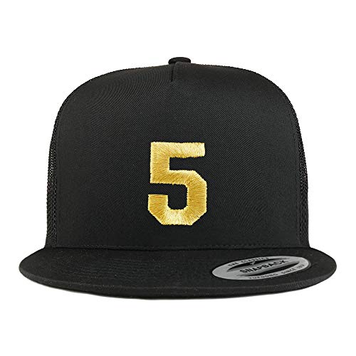 Trendy Apparel Shop Number 5 Gold Thread Embroidered Flat Bill 5 Panel Trucker Cap