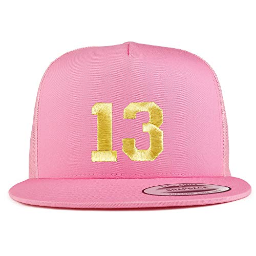 Trendy Apparel Shop Number 13 Gold Thread Embroidered Flat Bill 5 Panel Trucker Cap