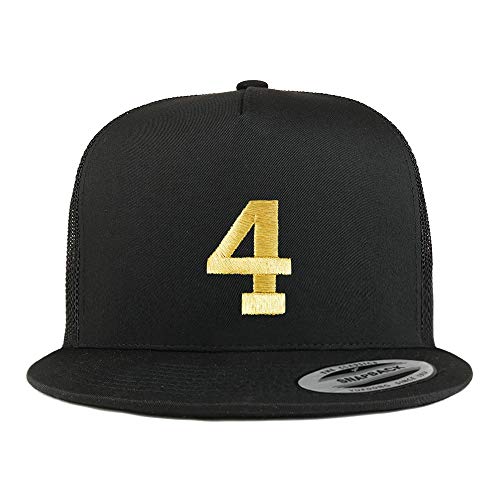 Trendy Apparel Shop Number 4 Gold Thread Embroidered Flat Bill 5 Panel Trucker Cap