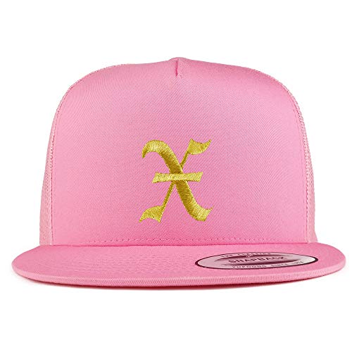 Trendy Apparel Shop Old English Gold X Embroidered 5 Panel Flatbill Trucker Mesh Cap