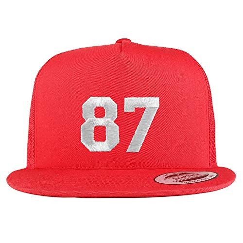 Trendy Apparel Shop Number 87 White Thread Embroidered Flat Bill 5 Panel Trucker Cap