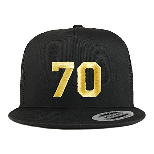 Trendy Apparel Shop Number 70 Gold Thread Embroidered Flat Bill 5 Panel Trucker Cap