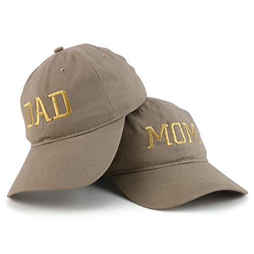 Trendy Apparel Shop Capital Gold Thread Mom and Dad Soft Cotton 2 Pc Cap Set