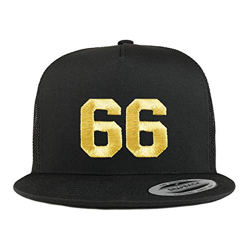 Trendy Apparel Shop Number 66 Gold Thread Embroidered Flat Bill 5 Panel Trucker Cap