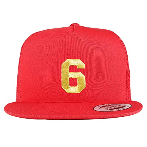 Trendy Apparel Shop Number 6 Gold Thread Embroidered Flat Bill 5 Panel Trucker Cap