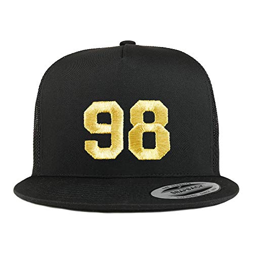 Trendy Apparel Shop Number 98 Gold Thread Embroidered Flat Bill 5 Panel Trucker Cap