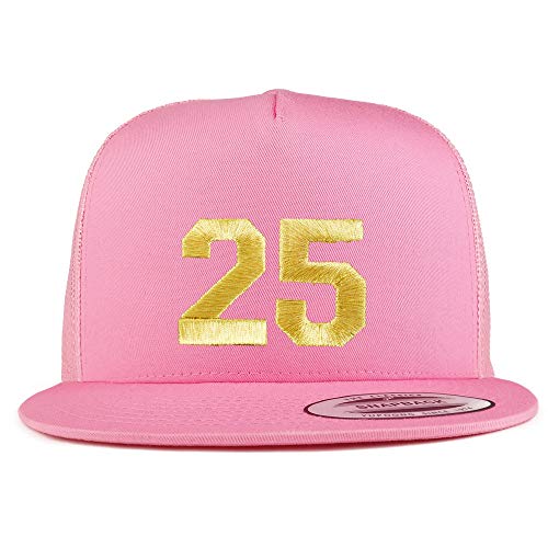 Trendy Apparel Shop Number 25 Gold Thread Embroidered Flat Bill 5 Panel Trucker Cap