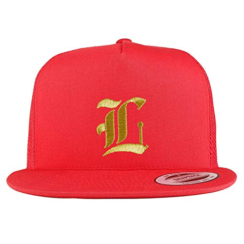 Trendy Apparel Shop Old English Gold L Embroidered 5 Panel Flatbill Trucker Mesh Cap