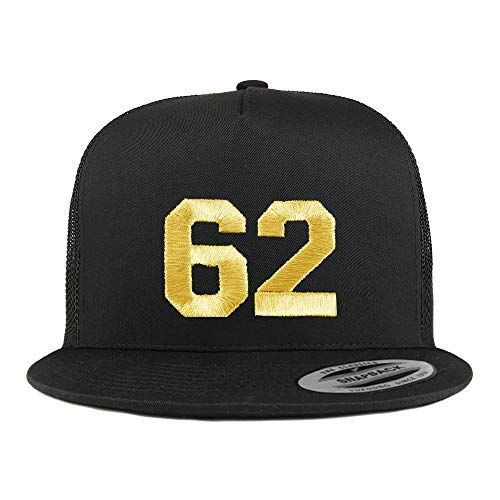 Trendy Apparel Shop Number 62 Gold Thread Embroidered Flat Bill 5 Panel Trucker Cap