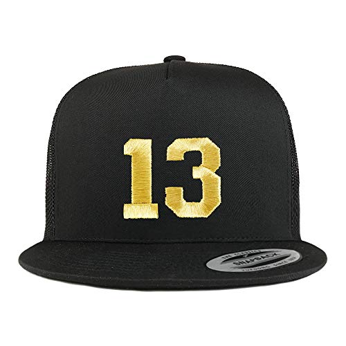 Trendy Apparel Shop Number 13 Gold Thread Embroidered Flat Bill 5 Panel Trucker Cap