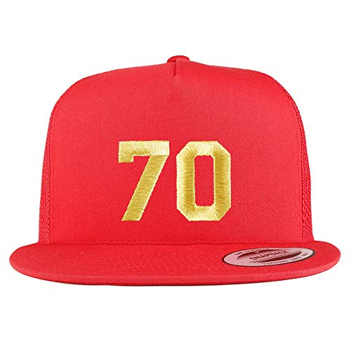 Trendy Apparel Shop Number 70 Gold Thread Embroidered Flat Bill 5 Panel Trucker Cap