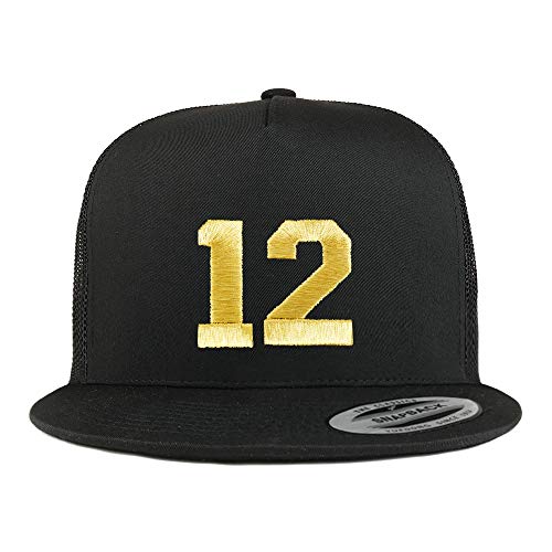 Trendy Apparel Shop Number 12 Gold Thread Embroidered Flat Bill 5 Panel Trucker Cap