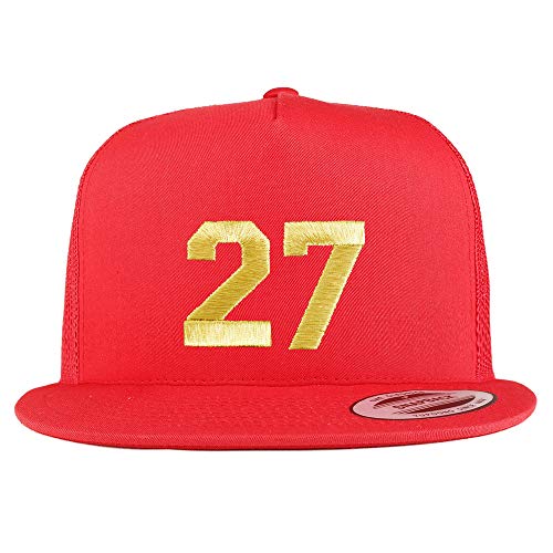 Trendy Apparel Shop Number 27 Gold Thread Embroidered Flat Bill 5 Panel Trucker Cap