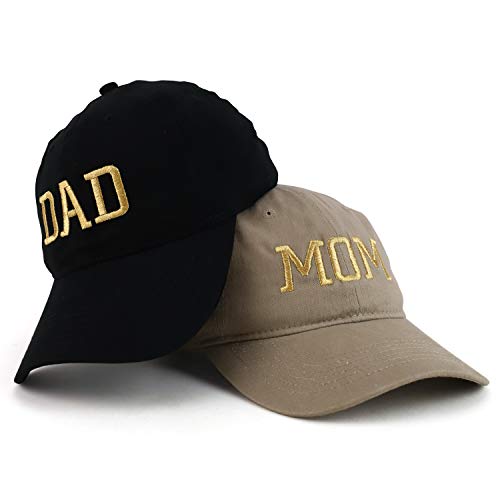 Trendy Apparel Shop Capital Gold Thread Mom and Dad Soft Cotton 2 Pc Cap Set