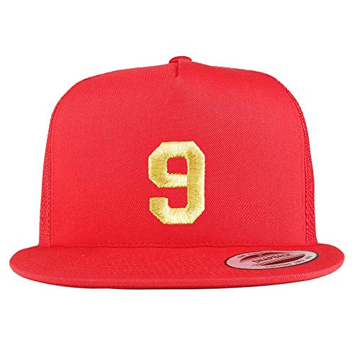 Trendy Apparel Shop Number 9 Gold Thread Embroidered Flat Bill 5 Panel Trucker Cap