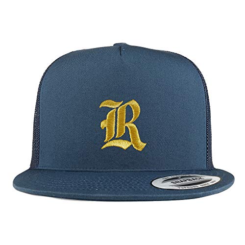 Trendy Apparel Shop Old English Gold R Embroidered 5 Panel Flatbill Trucker Mesh Cap