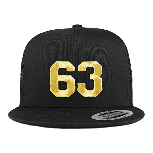 Trendy Apparel Shop Number 63 Gold Thread Embroidered Flat Bill 5 Panel Trucker Cap