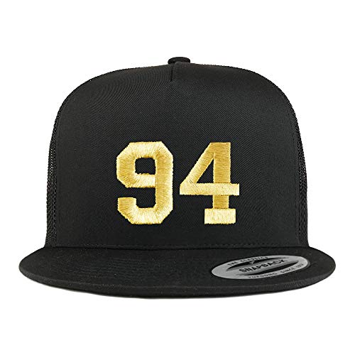 Trendy Apparel Shop Number 94 Gold Thread Embroidered Flat Bill 5 Panel Trucker Cap